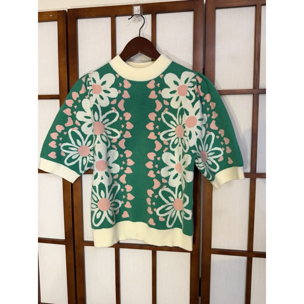 THML Mockneck Puff Sleeve Pink Green Sweater New Small - Short Sleeve Preppy